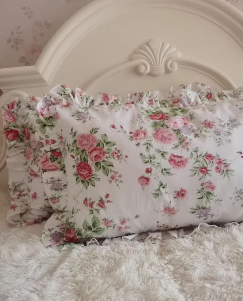 Kolachic Country Rose Roses Pink Floral Print Pillowcases Vintage Ruffles Bedding Pillow Covers Cotton Fabric Material Standard - Image 3